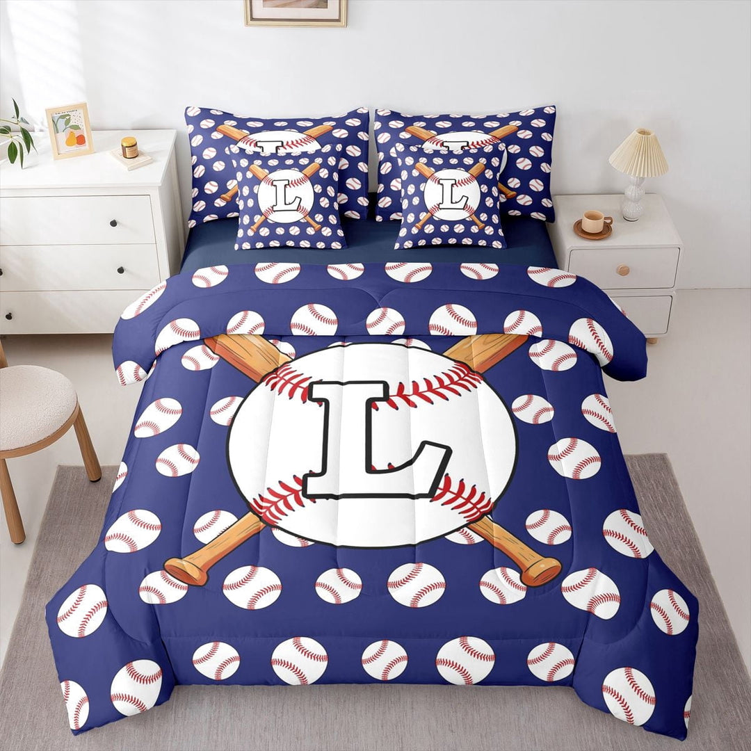 Erosebridal Sport Letter Monogrammed L Twin Bedding Sets 7-Piece for Teens,Baseball Gamer Bedding Comforter Set for Boys Girls,Navy Blue Reversible,Super Cozy Room Decor