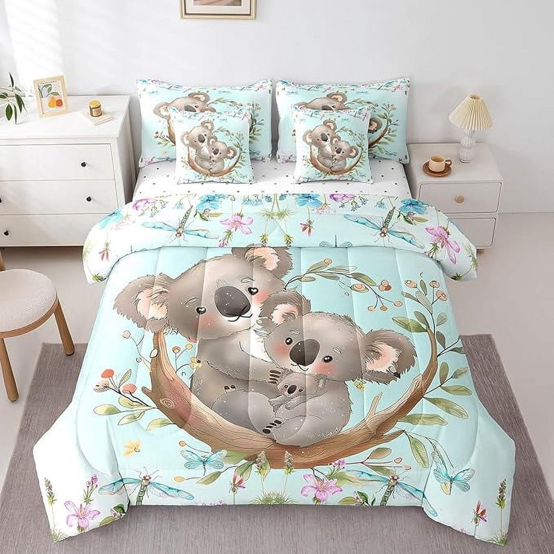 Erosebridal Koala Twin Comforter Set with Sheets Cute Koala 7 Pieces Bedding Set Tropical Leaves Bed in a Bag with Comforter, Sheets, Pillowcases &amp; Cushion Cover Animals Bed Set