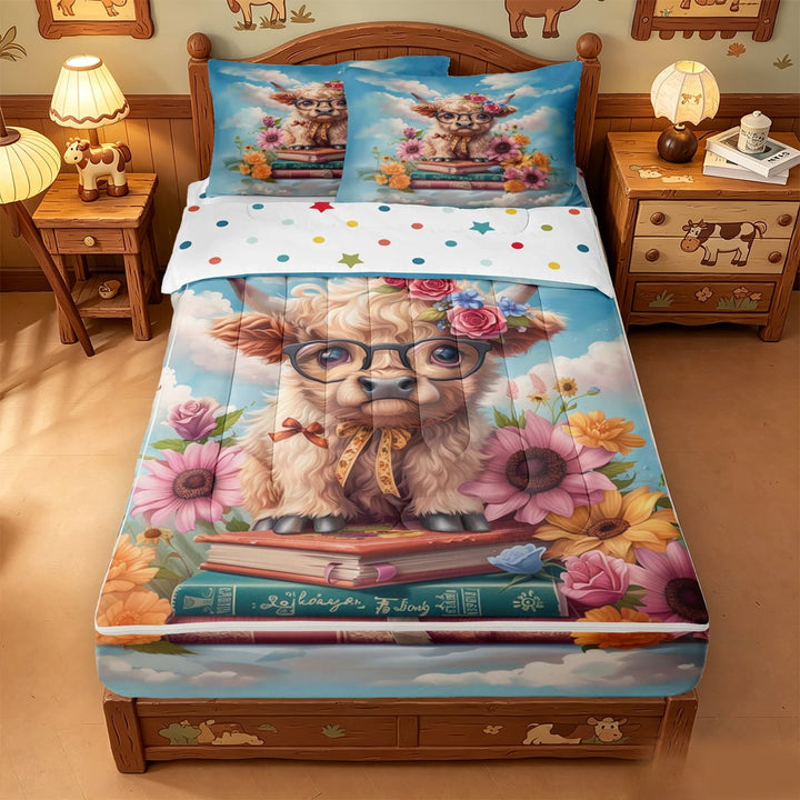 meiyoeat Highland Cow Book Floral Zipper Full Size Comforter Sets with Fitted Sheet and 2 Pillowcases,Rustic Farm Animals Zipper Bedding Set,Polkadot Reversible,4pcs