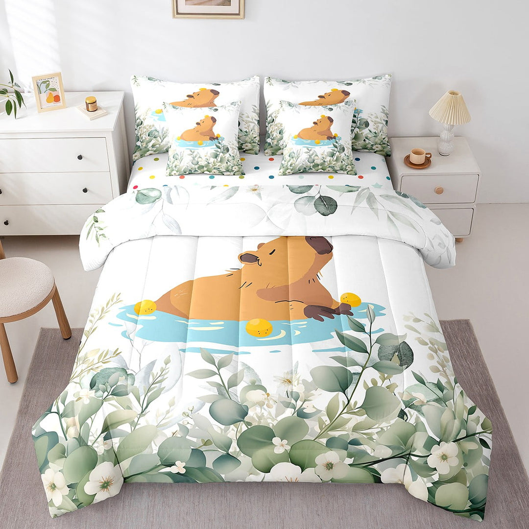 Erosebridal Kawaii Capybara Twin Comforter Set 7 Pieces Cartoon Animal Bedding Comforter Sets, Eucalyptus Leaves Bed in a Bag Cute Wildlife Bedding Set, Botanical Bed Sheets Set