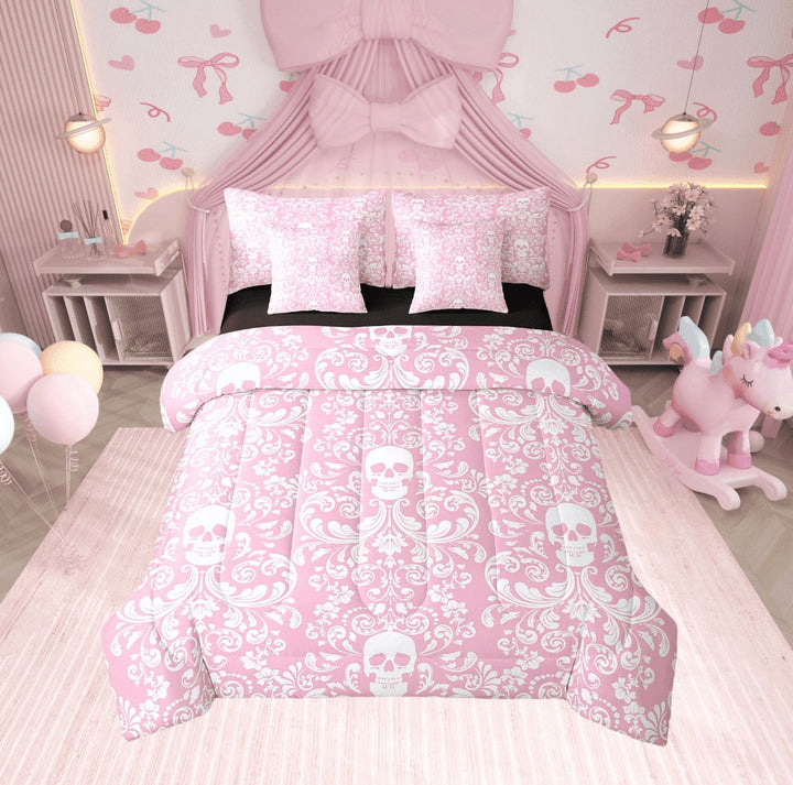 Damask Gothic Bedding Set Adults Antique Victorian Bed in a Bag King Size Comforter Set 7 Pieces,Pink White Sugar Skull Sheet Set Vintage Floral Goth Bed Set,Exotic Bone Skeleton Bohemian Decor