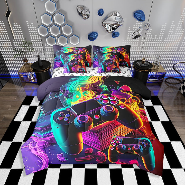 Erosebridal Gamer Comforter Set with Sheets Twin Size Gaming Bed in a Bag Set Teens Modern Game Console Controller 7 Pieces Bedding Set Joystick Room Decor Purple