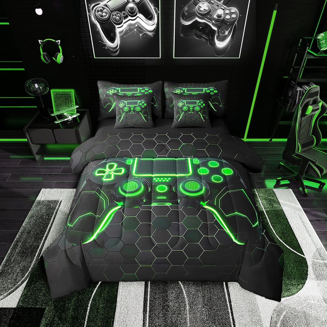 Gaming Bedding Sets 7 Pcs Queen Gamer Bed in a Bag Teens Game Console Comforter Set with Sheets 3D Green Gamepad Gaming Bed Set Geometry Honeycomb Print Sheet Set