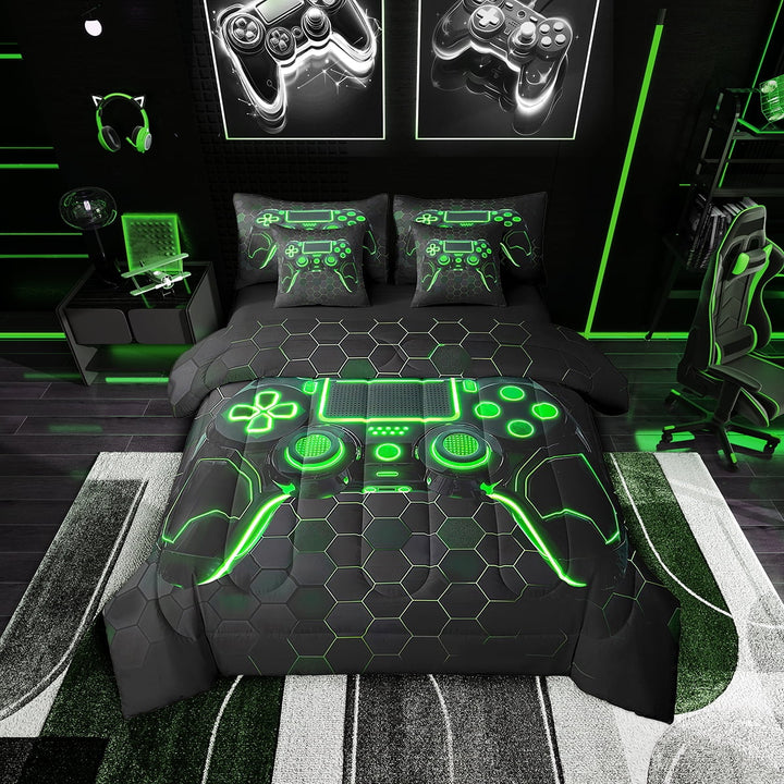 Gaming Bedding Sets 7 Pcs Queen Gamer Bed in a Bag Teens Game Console Comforter Set with Sheets 3D Green Gamepad Gaming Bed Set Geometry Honeycomb Print Sheet Set