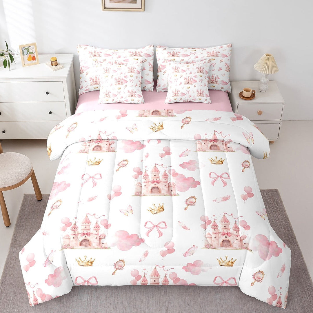 Erosebridal Dreamy Castle Bedding Full Size, Cartoon Cloud Bed Set, Pink Bowknot Reversible Bedding Sets Full Size, Ultra Soft Room Decor, 7 Pieces