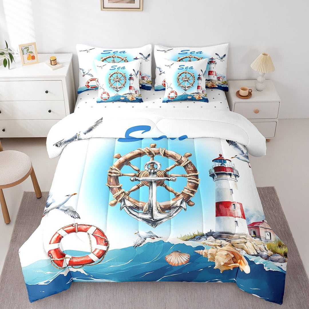 Erosebridal Lighthouse Anchor Bedding Sets Twin Size,Marine Nautical Comforter Sets with Sheets,Ocean Theme Bed in a Bag Twin size,Super Cozy Teens Bedroom Decor,Reversible,7pcs
