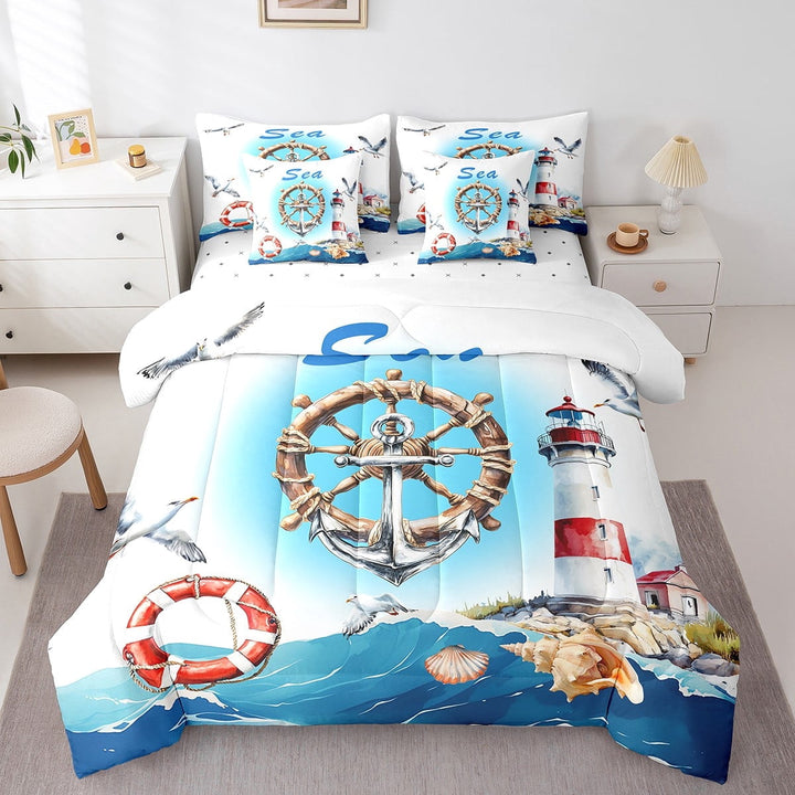 Erosebridal Lighthouse Anchor Bedding Sets Twin Size,Marine Nautical Comforter Sets with Sheets,Ocean Theme Bed in a Bag Twin size,Super Cozy Teens Bedroom Decor,Reversible,7pcs