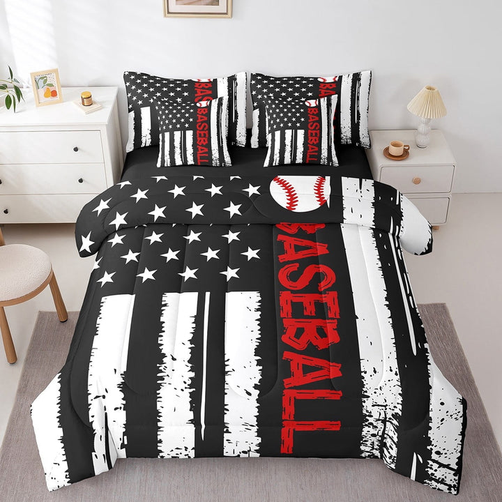 7 Pieces Baseball Bedding Queen Size American Flag Comforter Set, Sports Theme Bedding Comforter Sets Vintage Grunge Stripe Bed in a Bag, Ball Game Bedding Accessories Gamer Decor