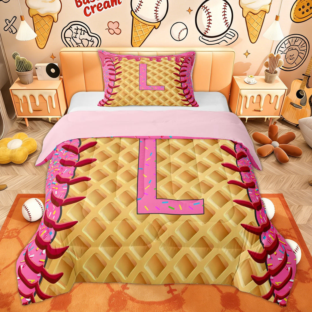 Erosebridal Cake Letter L Kids Twin Comforter Sets, Pink Ice Cream Baseball Bedding Set, 2-Piece