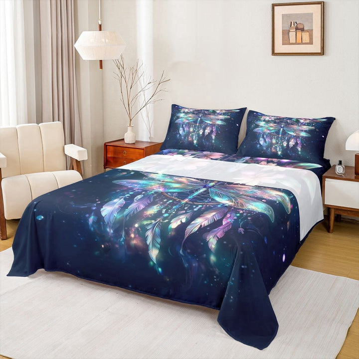 Erosebridal Boho Dragonfly Queen Sheet Sets, Hippie Dreamcatcher Bed Set, 1 Flat Sheet, 1 Fitted Sheet and 2 Pillowcases