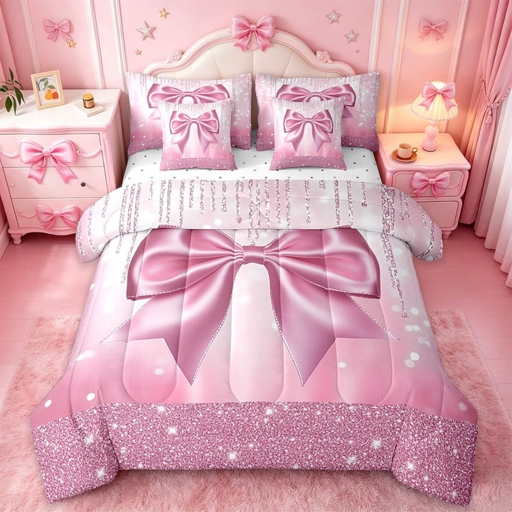 Manfei Cartoon Bowtie Bedding Comforter Set 7 Pieces,Princess Bow Bowknot Full Bedding Set,Pink Glitter Print Fitted Sheet Flat Sheet For Girl,Microfiber Room Decor,Reversible