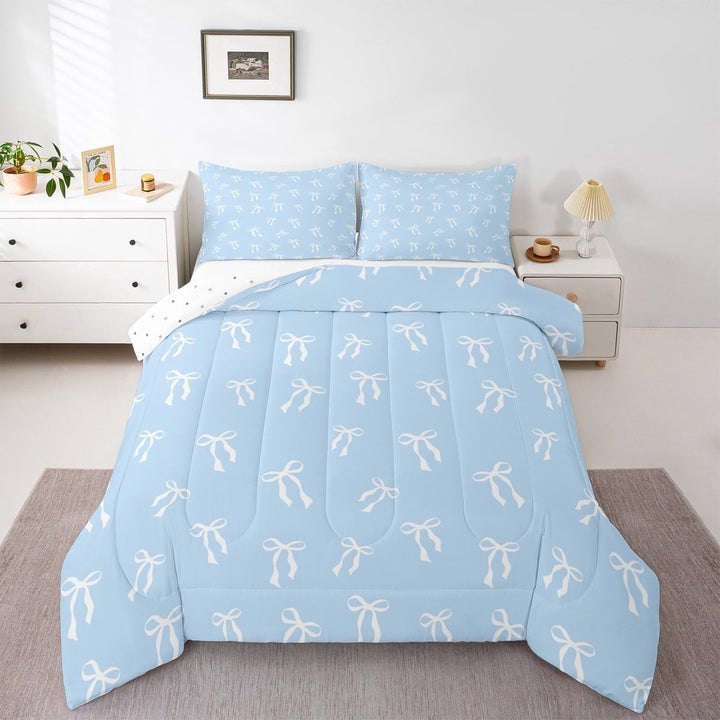Erosebridal Blue Bow Bedding Sets Full with Comforter,Cartoon Bowknot Duvet Insert,Dreamy Princess Comforter Sets Full Size,Ultra Soft Kawaii Room Decoration,Reversible,3pcs