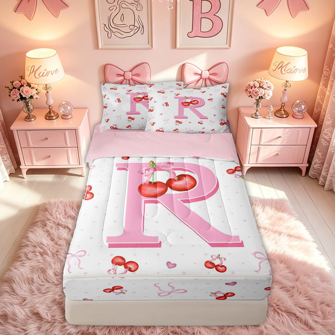 meiyoeat Cherry Letter R Zipper Twin Comforter Sets with Fitted Sheet and 2 Pillowcases for Girls, Fruit Bow Zipper Bedding Set for Kids, Pink, Pink Reversible, 4-Piece