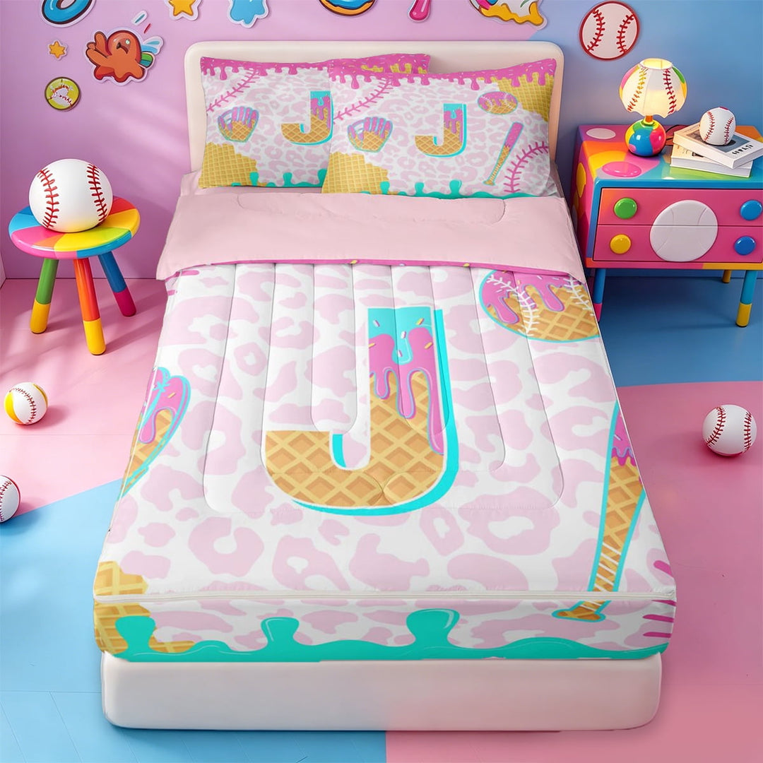 meiyoeat Watercolor Baseball Cream Zipper Full Size Comforter Sets with Fitted Sheet and 2 Pillowcases For Kids,Colorful Drip Initial Letter J Zipper Bedding Set For Girls,Pink Reversible,4-Piece