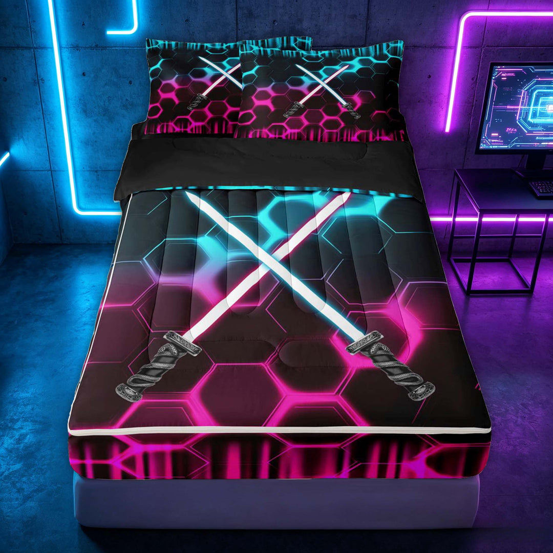 meiyoeat Neon Zipper Full Size Comforter Sets with Fitted Sheet and 2 Pillowcases for Boys, Sci-Fi Cyan Pink Gaming Zipper Bedding Set, Black Reversible