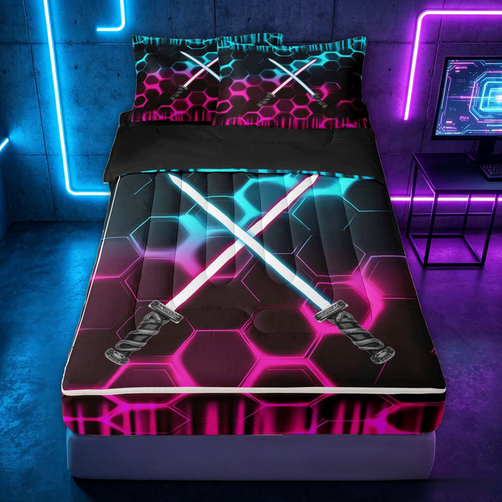 meiyoeat Neon Zipper Full Size Comforter Sets with Fitted Sheet and 2 Pillowcases for Boys, Sci-Fi Cyan Pink Gaming Zipper Bedding Set, Black Reversible