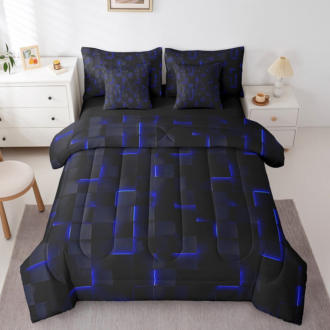 Erosebridal Futuristic Cubes Bedding Sets Twin Size,Plaid Buffalo Comforter Sets with Sheets,Geometric Grid Bed in a Bag Twin size,Microfiber Gradient Room Decoration,Reversible,7pcs