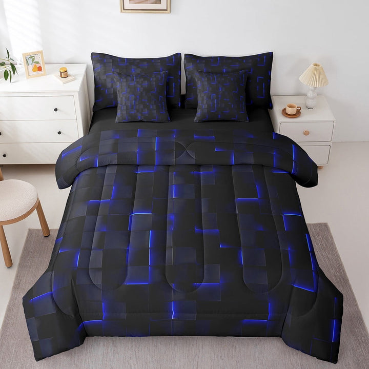 Erosebridal Futuristic Cubes Bedding Sets Twin Size,Plaid Buffalo Comforter Sets with Sheets,Geometric Grid Bed in a Bag Twin size,Microfiber Gradient Room Decoration,Reversible,7pcs