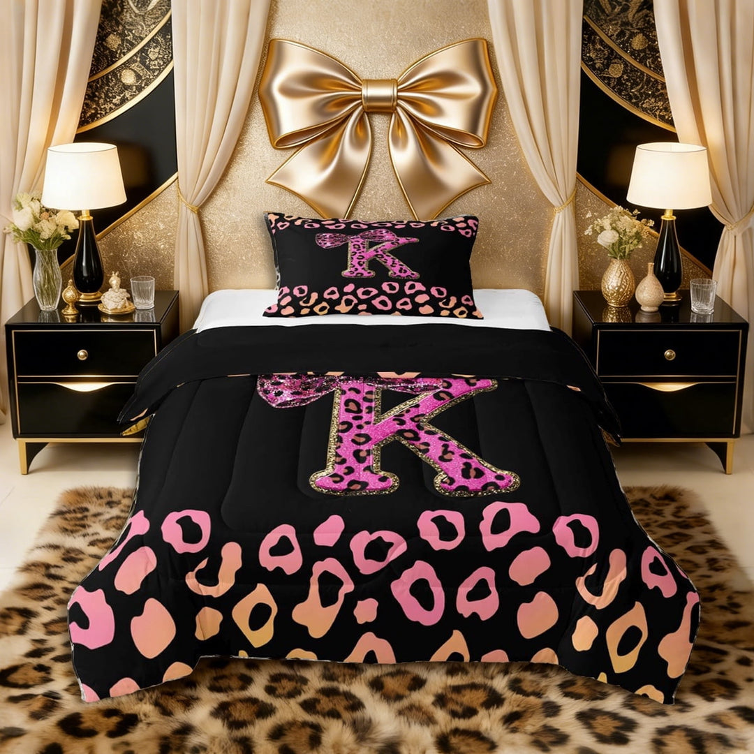 Erosebridal Leopard Print Personalized K Initial Twin Comforter Sets 3-Piece for Girls Women,Teens Bling Glitter Bow Tie Bedding Set,Black Reversible,Lightweight Room Decor