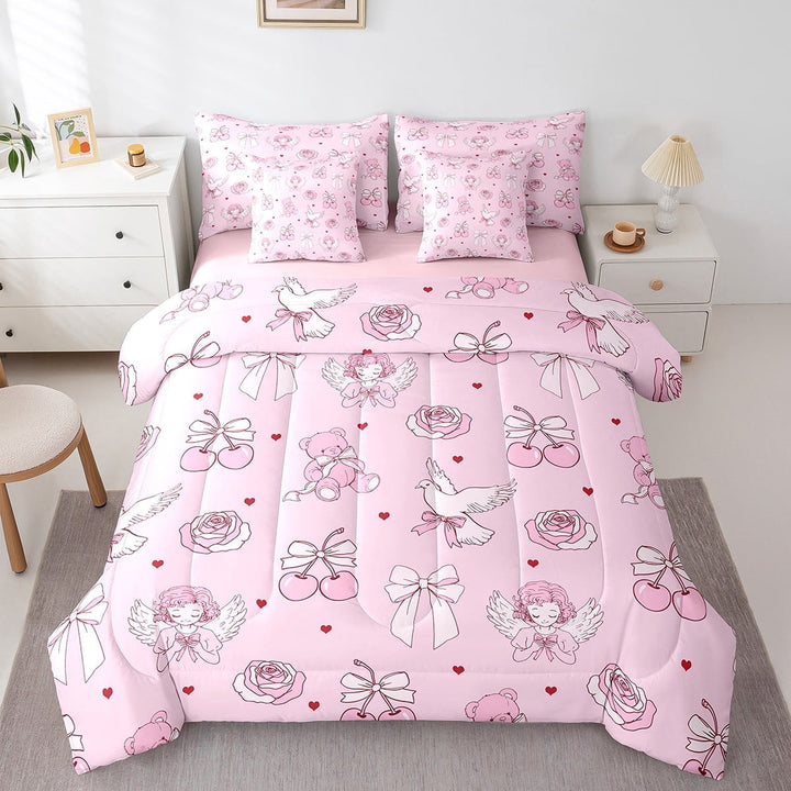 Erosebridal Bowknot Cherry Bedding Sets Twin Size,Bear Flower Comforter Sets with Sheets,Love Heart Bed in a Bag Twin size,Ultra Soft Cartoon Bedroom Decorative,Reversible,7pcs