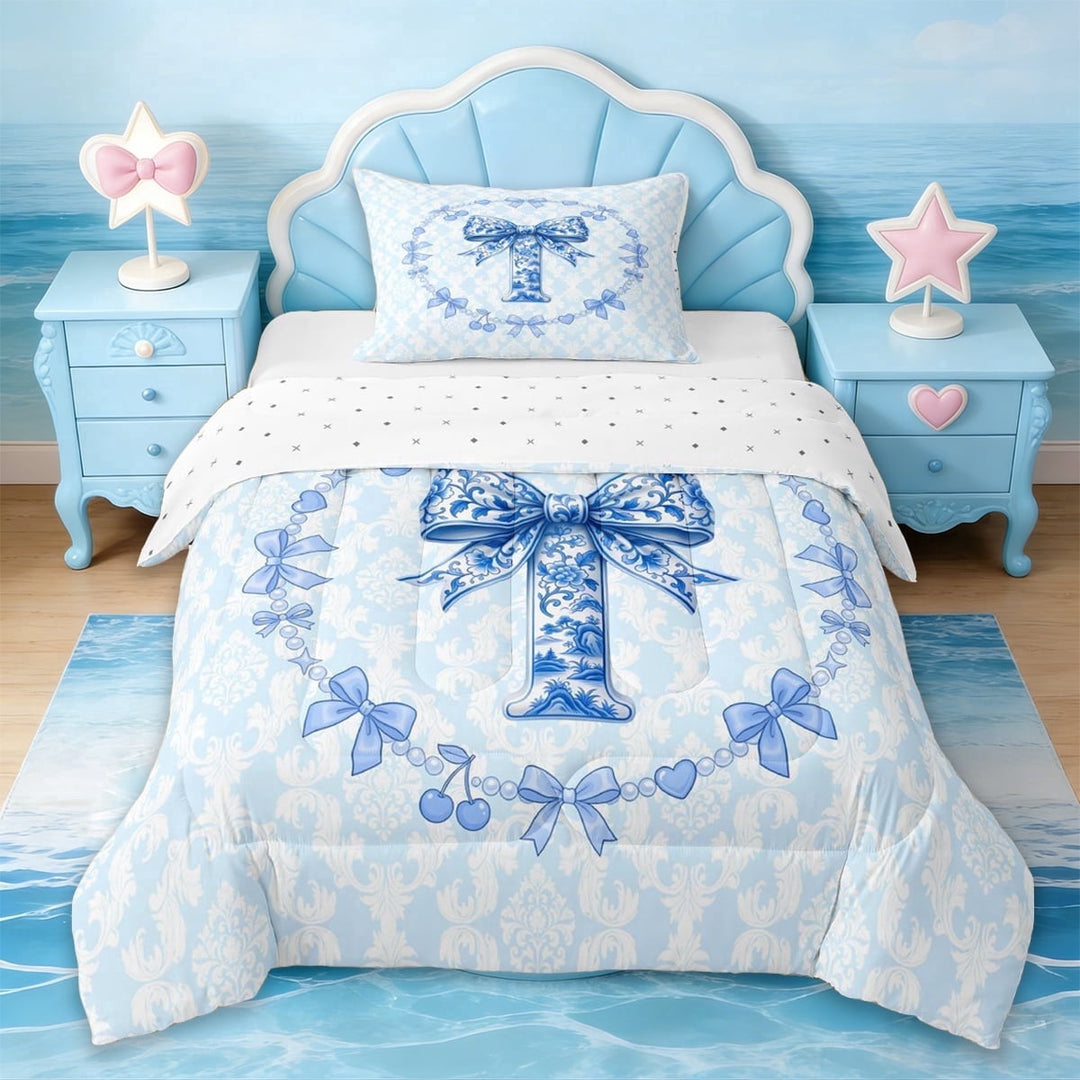 Erosebridal Letter T Monogrammed Twin Comforter Sets,Girls Blue Ribbon Bow Bedding Set For Bowknot Lover,Reversible,2 Pieces