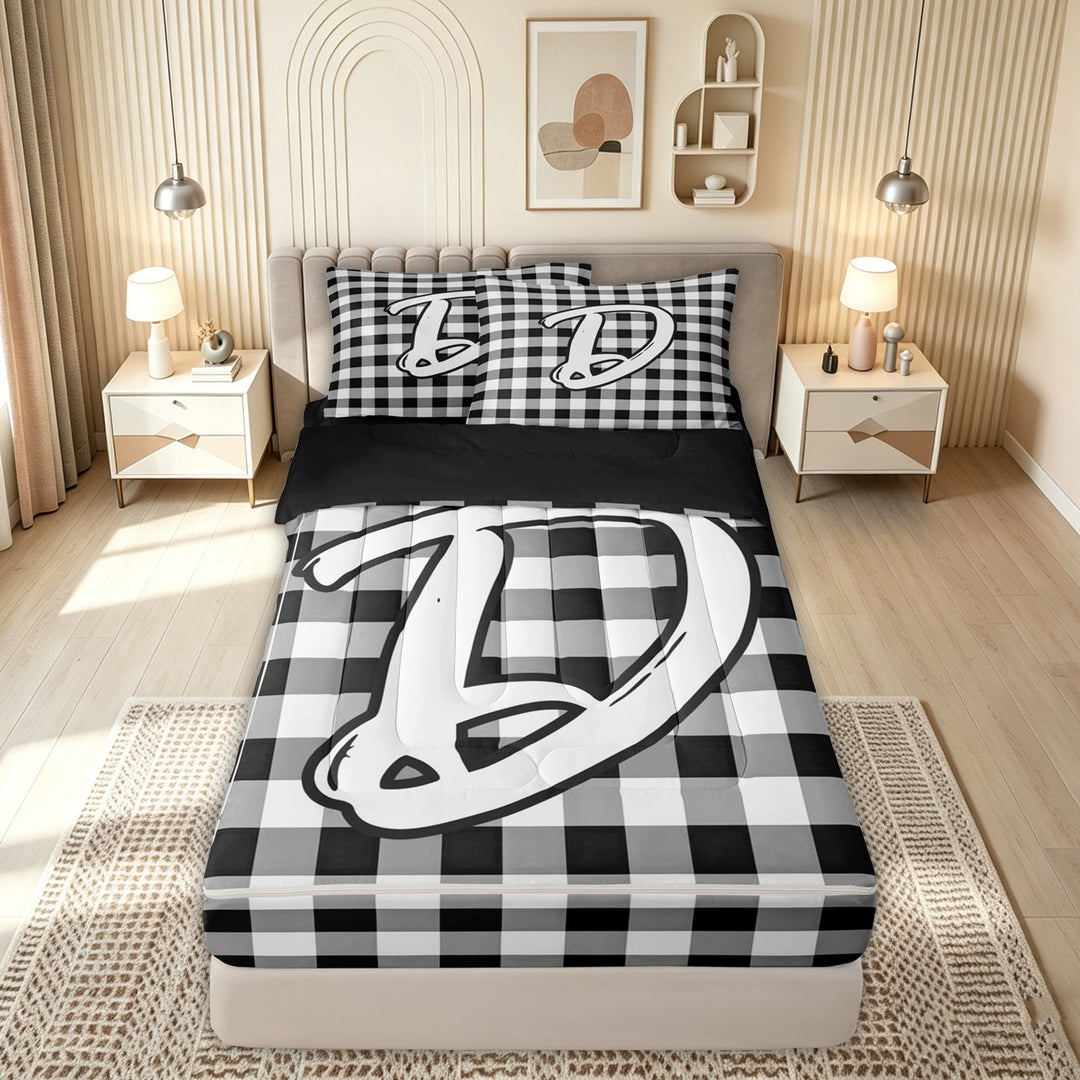 meiyoeat Graffiti Letter D Zipper Comforter Set with Fitted Sheet and 2 Pillowcases for Kids, Checkered Grid Zipper Bedding Set for Bedroom, Black White, Black Reversible, 3 Pieces