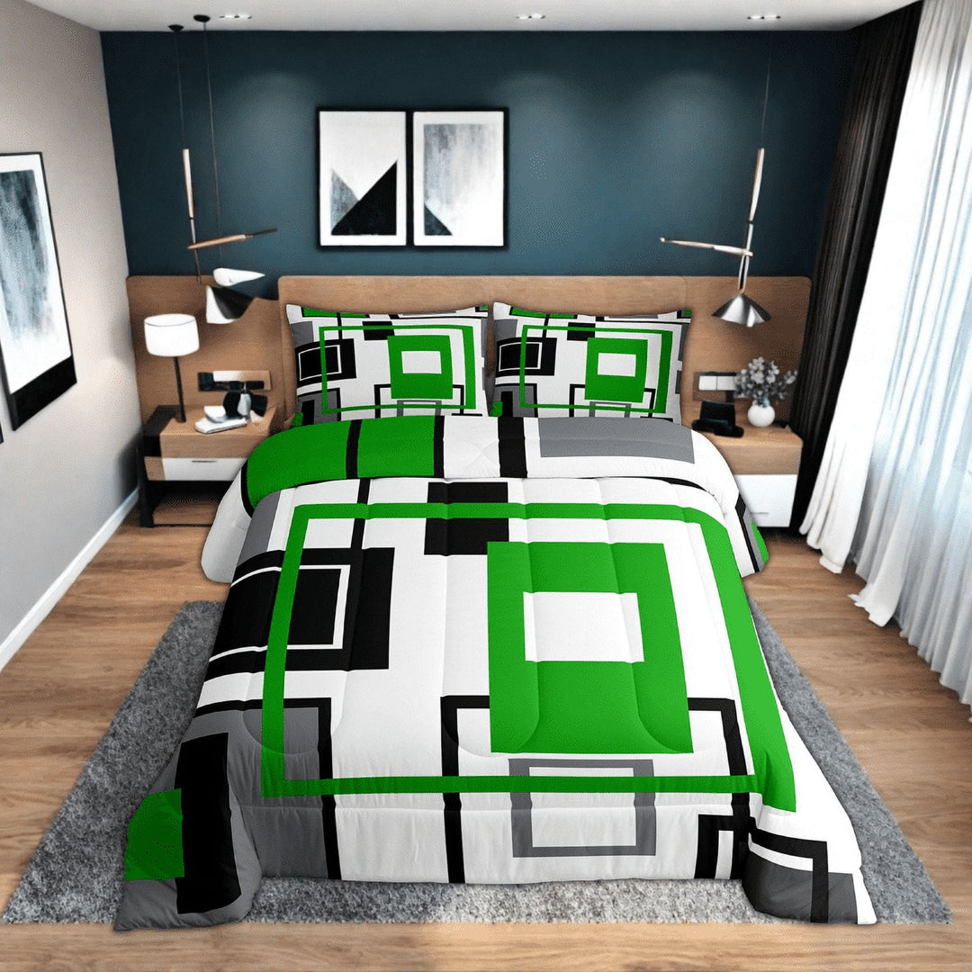 Erosebridal Geometric Square Bedding Set Black White Lime Green Grey Comforter Set King Abstract Geometry Stripes Down Comforter Teen Soft Lightweight Modern Quilt Duvet 2 Pillow Cases
