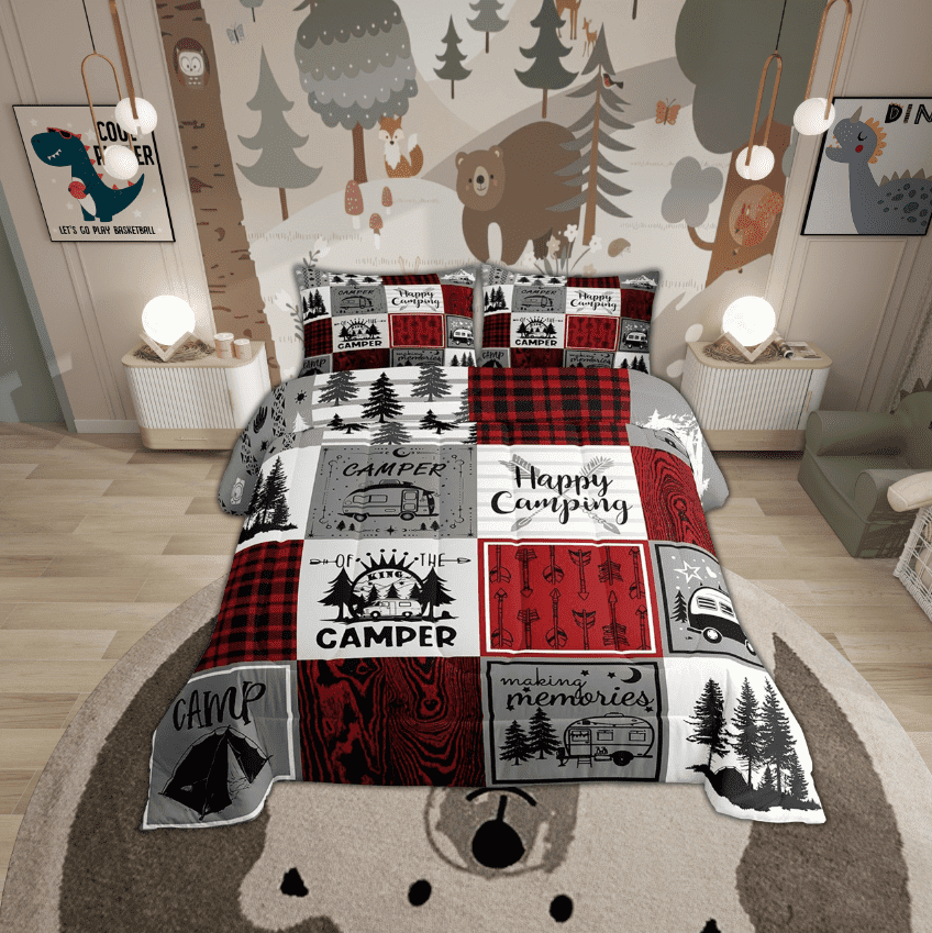 Camper Full Bedding Sets Rv Camping Comforter Set Rustic Buffalo Plaid Bedding Comforter Sets Camper Accessories For Travel Trailers Bunk Country Camping Quilt Duvet Red Black Grey