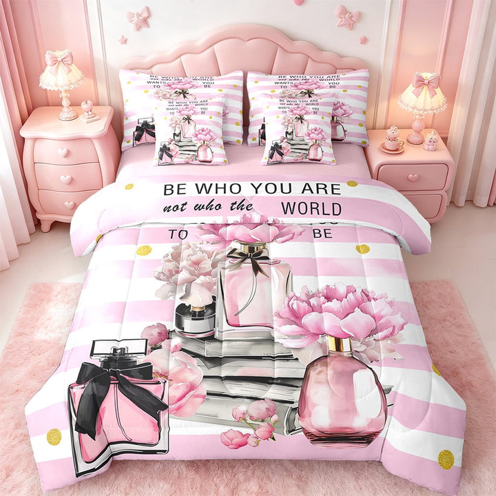 Erosebridal Cosmetics Perfume Bedding Sets Twin Size,Pink Flower Comforter Sets with Sheets,Geometric Stripes Bed in a Bag Twin Size For Girls,Super Cozy Room Decor Reversible,7-Piece