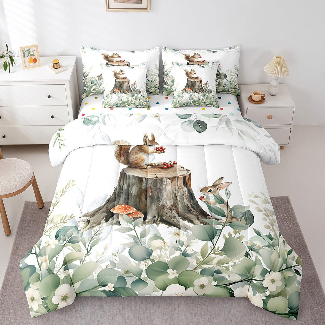 Erosebridal Cute Animal Bed in a Bag 7-Piece Cartoon Squirrel Bedding Set, Eucalyptus Twin Comforter Set Watercolor Leaves Bedding Comforter Sets, Kawaii Jungle Animal Bed Set