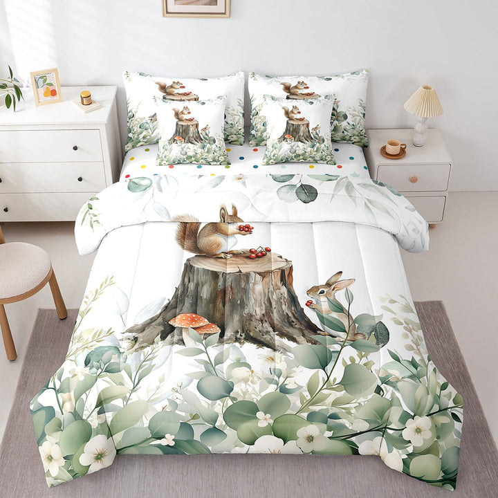 Erosebridal Cute Animal Bed in a Bag 7-Piece Cartoon Squirrel Bedding Set, Eucalyptus Twin Comforter Set Watercolor Leaves Bedding Comforter Sets, Kawaii Jungle Animal Bed Set