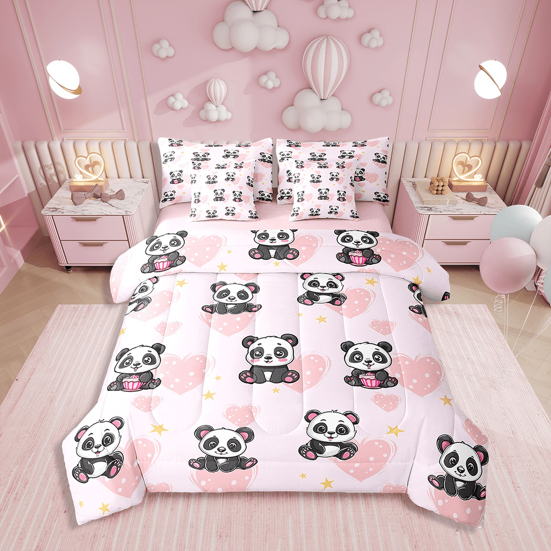 Panda Bedding 7PCS Twin Size Comforter Sets Cute Animal Bedding Sets Love Heart Bed in a Bag,1 Comforter,1 Flat Sheet,1 Fitted Sheet,2 Pillowcases,2 Throw Pillow Covers