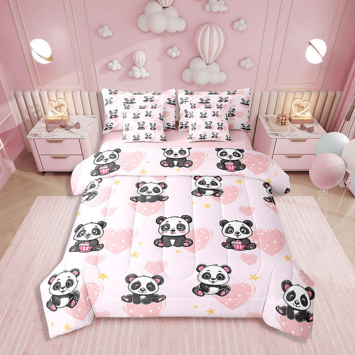 Panda Bedding 7PCS Twin Size Comforter Sets Cute Animal Bedding Sets Love Heart Bed in a Bag,1 Comforter,1 Flat Sheet,1 Fitted Sheet,2 Pillowcases,2 Throw Pillow Covers