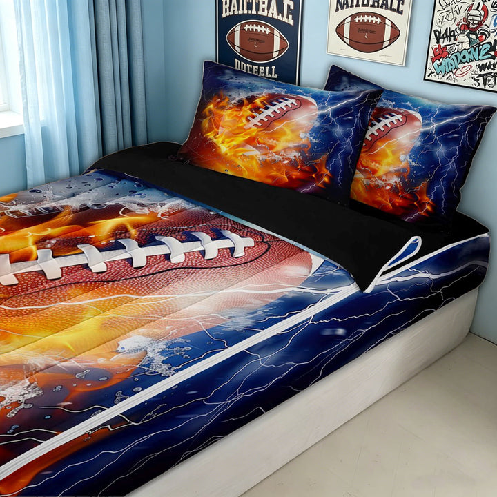 meiyoeat Sporty Football Zipper Twin Comforter Sets with Fitted Sheet and 2 Pillowcases for Kids Boys, Fire Water Zipper Bedding Set for Bedroom, Navy Orange, Black ReversibleB