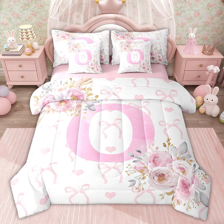 Erosebridal Girls Initial Letter O Bedding Twin Size, Romantic Rose Bed in a Bag Twin size, Girly Fairy Decor, Pink Reversible 7-Piece