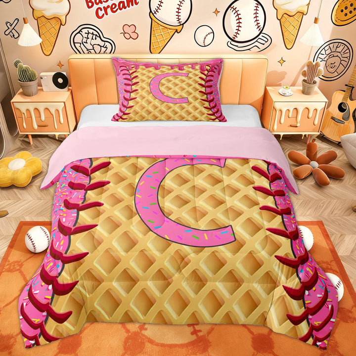 Erosebridal Cartoon Monogrammed C Kid Twin Comforter Sets, Baseball Ice Cream Bedding Set, Pink Reversible, 2-Piece