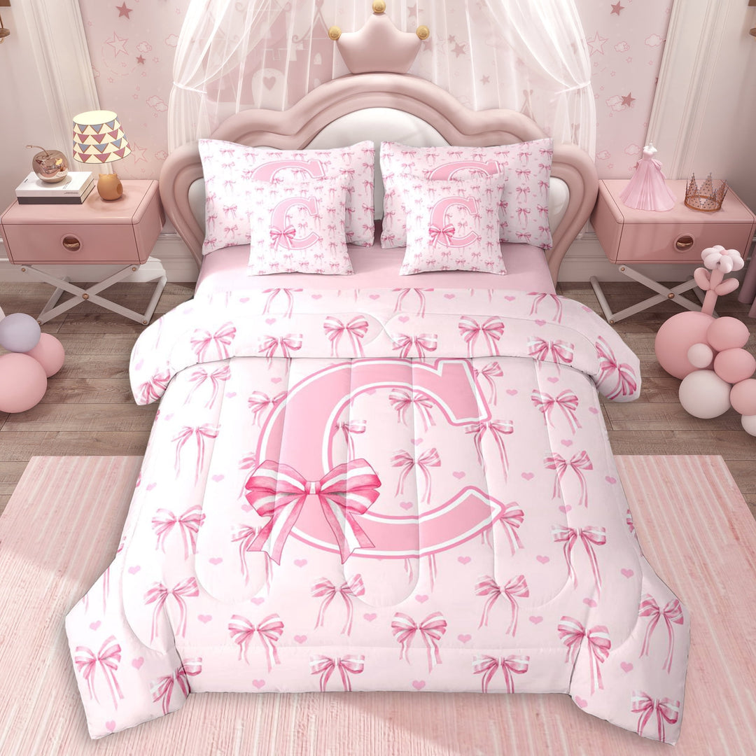 Erosebridal Pink Bow Tie Initial C Twin Bedding Sets 7-Piece For Children Teens,Cute Love Heart Print Bedding Comforter Set For Girls,Pink Reversible