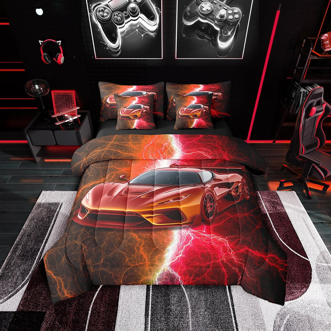 Erosebridal Red Sports Car Bedding Sets Twin Size 7-Piece, Lightning Print Comforter Sets with Sheets, Reversible