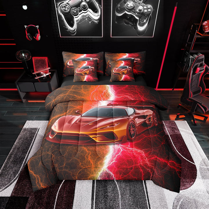 Erosebridal Red Sports Car Bedding Sets Twin Size 7-Piece, Lightning Print Comforter Sets with Sheets, Reversible