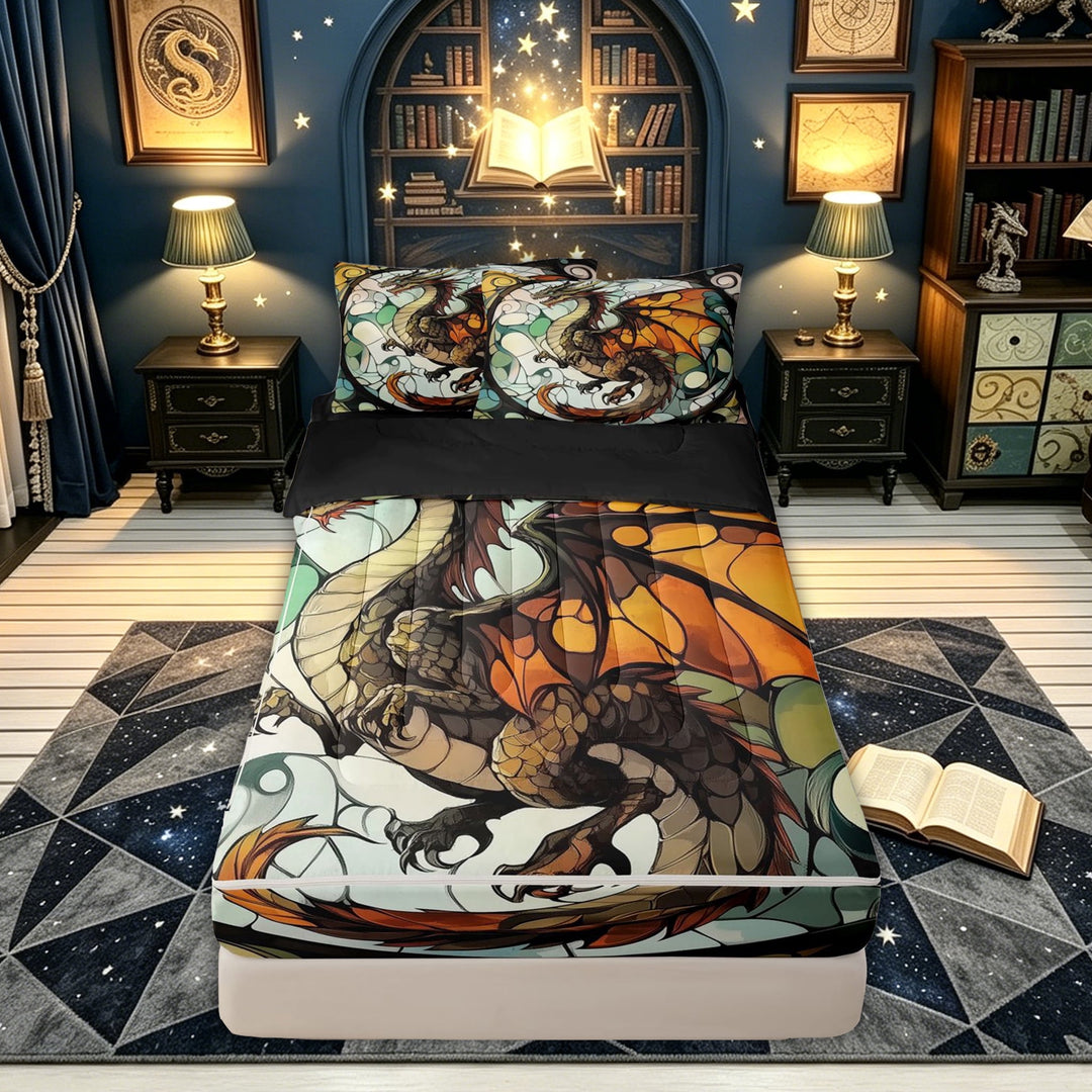 meiyoeat Vintage Western Dragon Zipper Full Size Comforter Sets with Fitted Sheet and 2 Pillowcases for Men Boys, Boho Butterfly Animal Zipper Bedding Set, Orange Green, Black Reversible, 4 Pieces