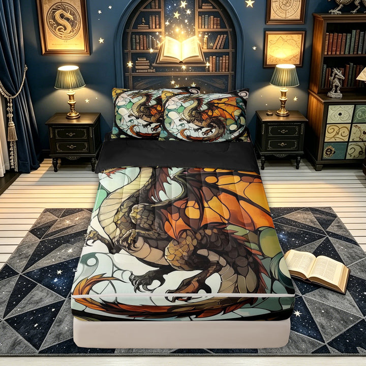 meiyoeat Vintage Western Dragon Zipper Full Size Comforter Sets with Fitted Sheet and 2 Pillowcases for Men Boys, Boho Butterfly Animal Zipper Bedding Set, Orange Green, Black Reversible, 4 Pieces
