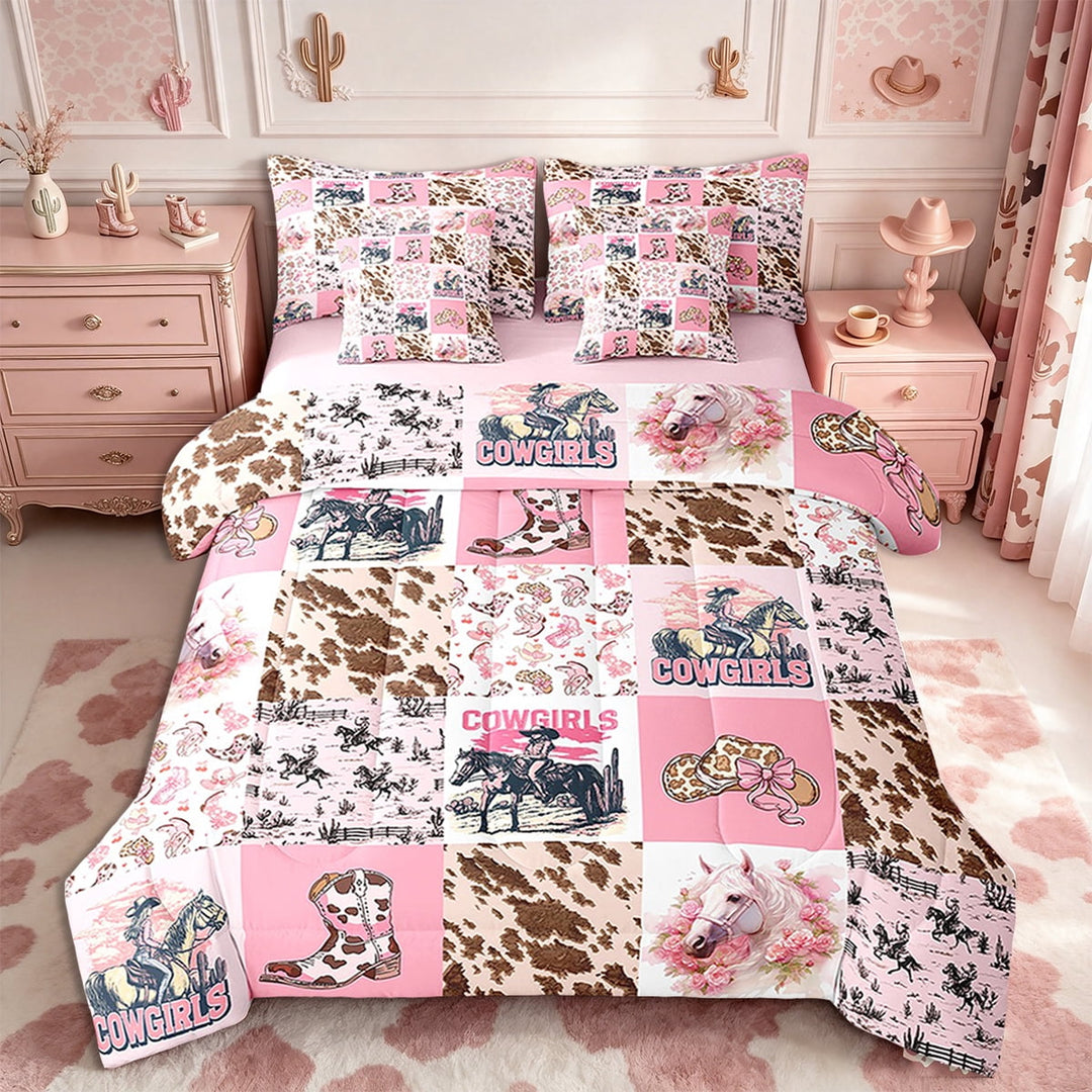 Erosebridal Pink Cowgirl Comforter Set 7 Pieces Twin Size,Western Cow Print Bedding Set,Farm Horse Stitched Western Bed in a Bag,Comforter + Sheets + Pillowcases + Cushion Covers