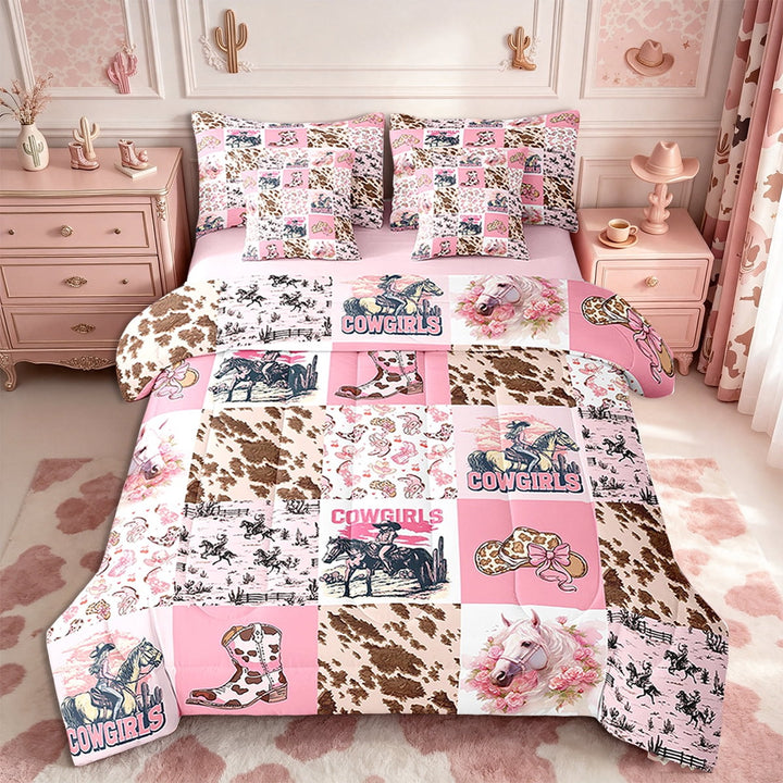 Erosebridal Pink Cowgirl Comforter Set 7 Pieces Twin Size,Western Cow Print Bedding Set,Farm Horse Stitched Western Bed in a Bag,Comforter + Sheets + Pillowcases + Cushion Covers