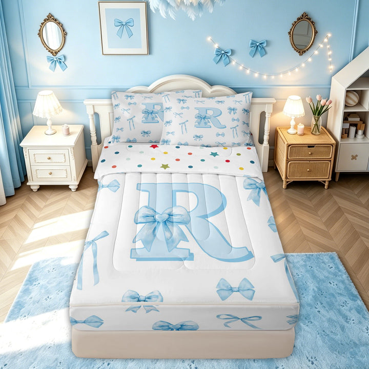 meiyoeat Cute Bow Letter R Zipper Comforter Set with Fitted Sheet and 2 Pillowcases for Kids, Watercolor Ribbon Zipper Bedding Set for Kids, Blue, Polkadot Reversible, 3 Pieces