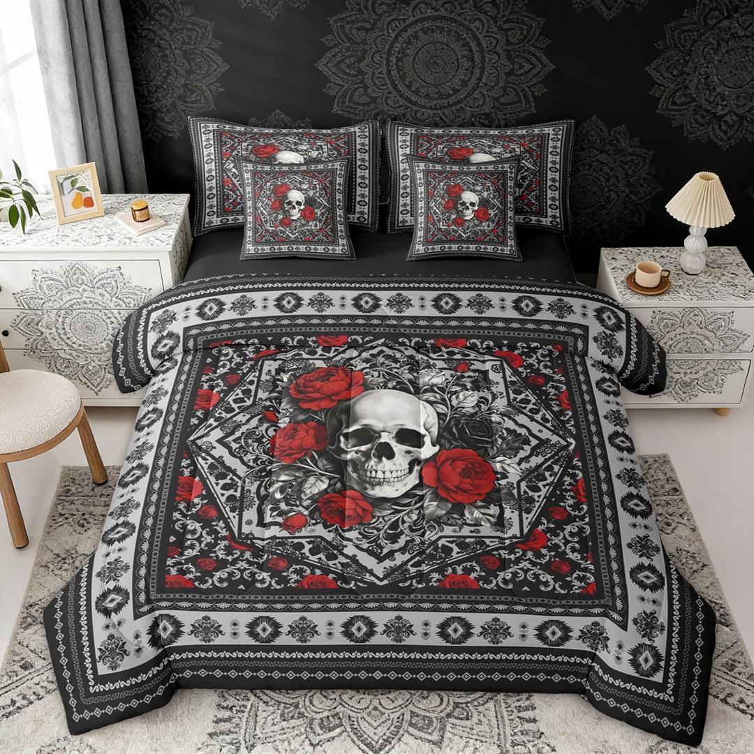 Erosebridal Sugar Skull Twin Bedding Sets, Bohemian Aztec Mandala Bedding Comforter Set, Black Gray Red, Black Reversible 7pcs