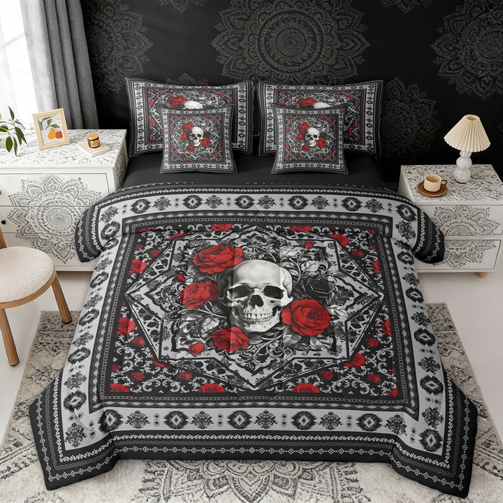 Erosebridal Sugar Skull Twin Bedding Sets, Bohemian Aztec Mandala Bedding Comforter Set, Black Gray Red, Black Reversible 7pcs
