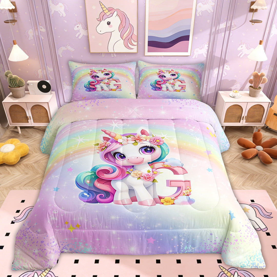 Erosebridal Initial Letter G Comforter Sets Twin Size, Dreamy Unicorn Comforters &amp; Duvets, Glitter Stars Decor, Reversible 2pcs