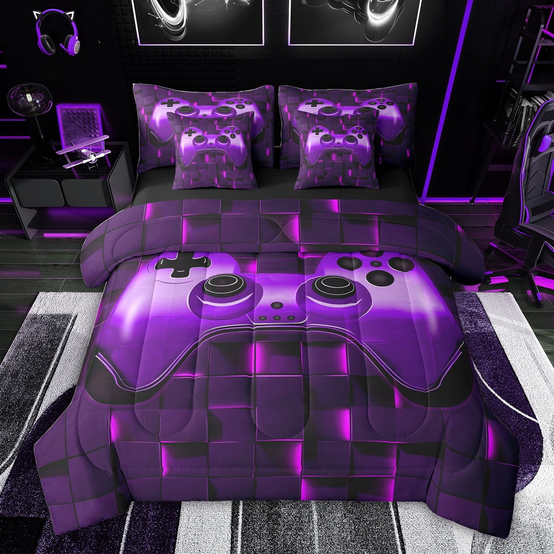 Feelyou Purple Game Controller Twin Bedding Sets 7-Piece, Neon Honeycomb Abstract Bedding Comforter Set, Teens Kids Boys Girls Reversible Sheet Sets, Lightweight Room Decor