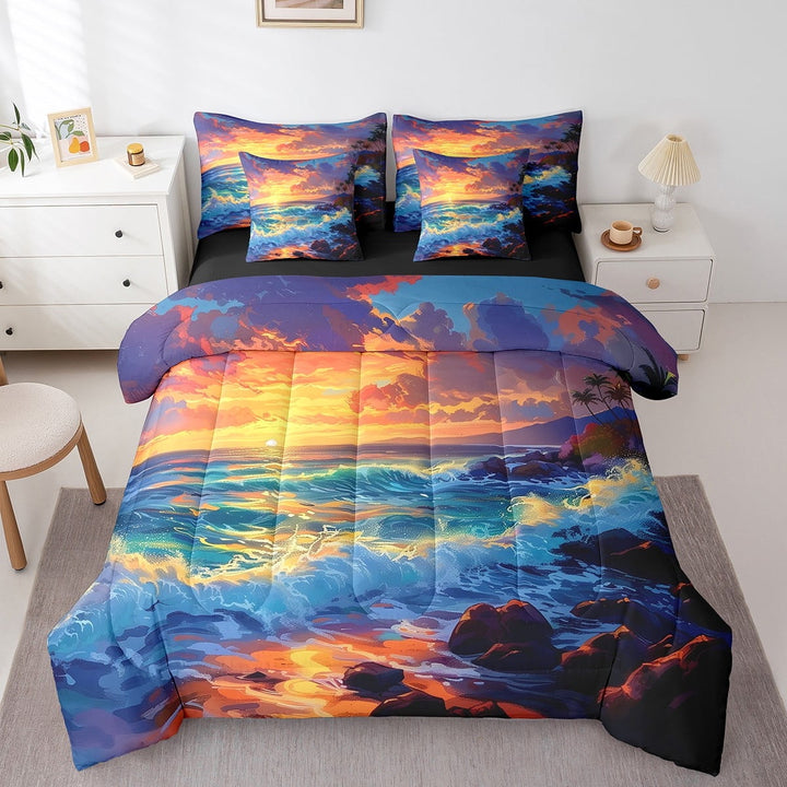 Erosebridal Coastal Ocean Bedding Sets Twin Size, Sea Waves Comforter Sets with Sheets, Beach Sunset Decor, Reversible 7 Pieces