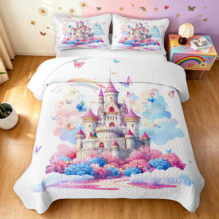 Manfei Watercolor Castle Quilt King, Dreamy Princess King Coverlet Set, White Pink, 3 Pieces, 1 Bedspread and 2 Pillowcases